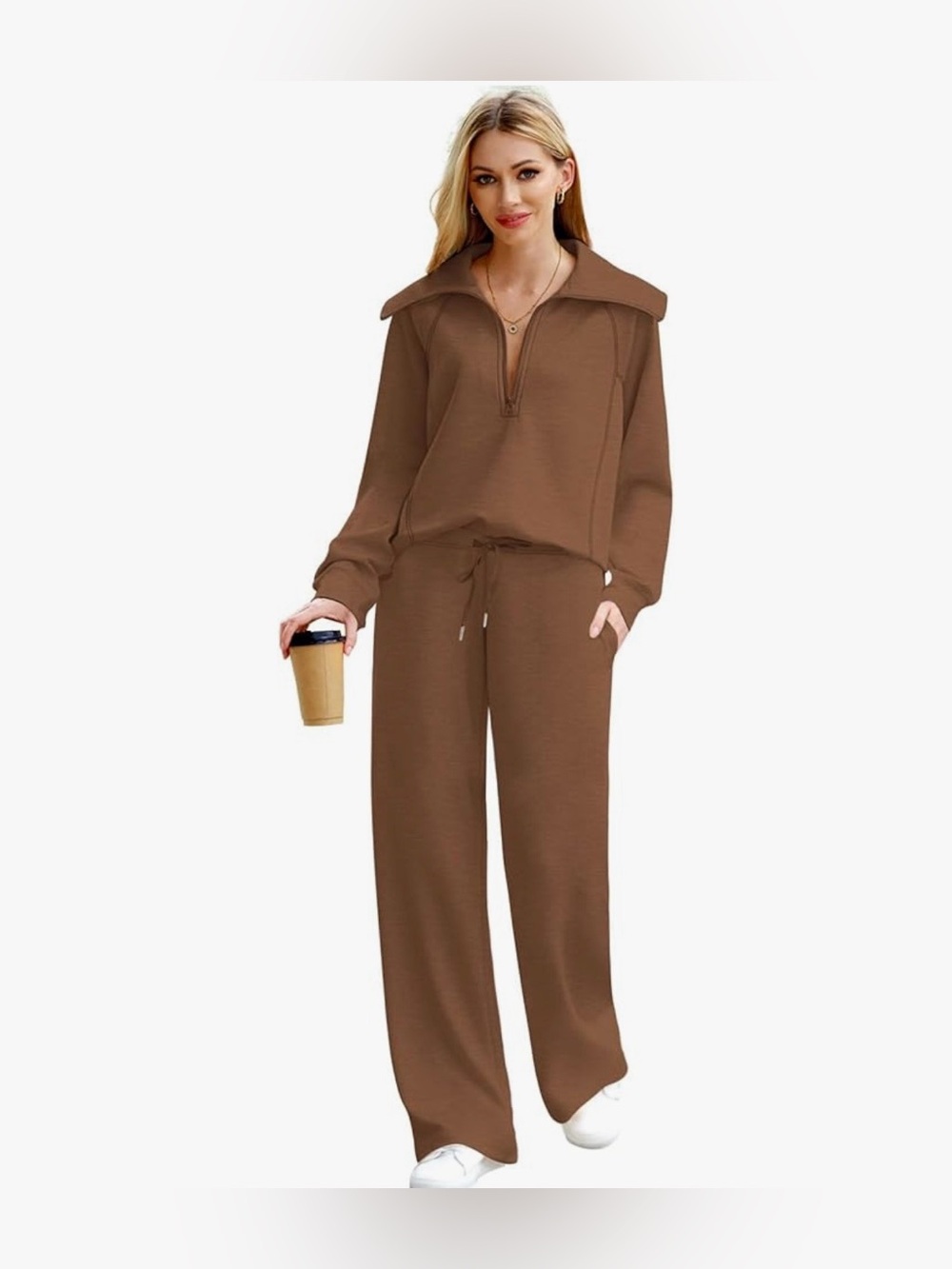 Sandro Brown Wide-Leg Set with Zip Collar